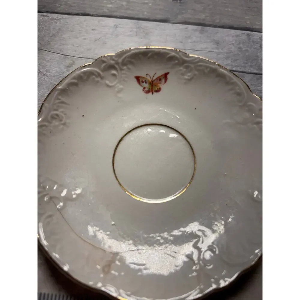 2 COLLECTIBLE PORCELAIN SAUCERS BUTTERFLY MOTIF SCALLOPED EDGES GOLD TRIM!